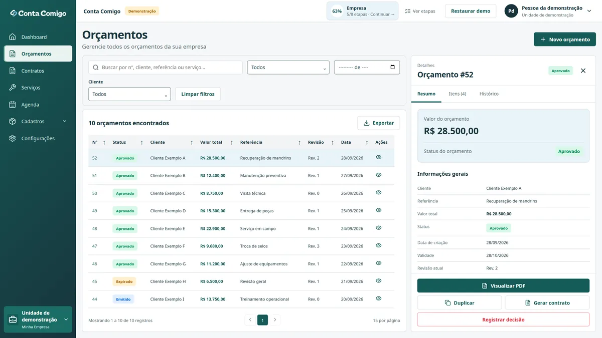 Tela real da demonstração do Conta Comigo com a lista de orçamentos fictícios